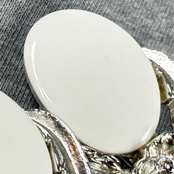 Vintage Silver-Tone Clip-On Earrings With Floral Design & White Oval Accents - Picture 14 of 16